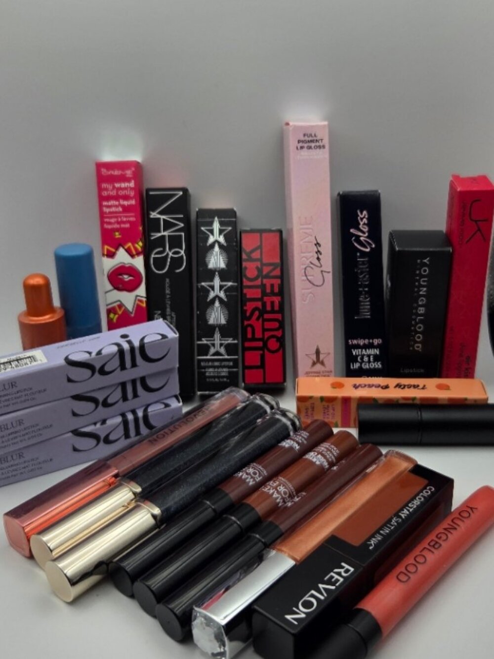 24 Piece Lipstick Lip Gloss Bundle - NARS, Saie, Jeffree Star, Estee Lauder +